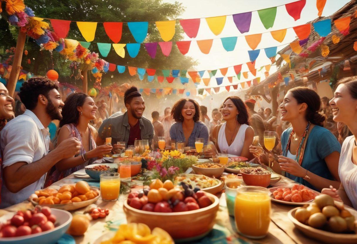 A diverse group of people from different cultures joyfully celebrating together in a colorful outdoor festival, surrounded by vibrant decorations and traditional foods, embodying the spirit of unity and togetherness. The scene captures laughter, music, and shared moments, with symbolic elements like flags and flowers representing various cultures. sunset ambiance, lively expressions. super-realistic. vibrant colors. 3D.