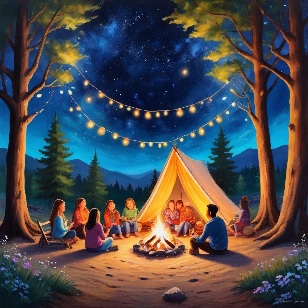 A whimsical scene of diverse families gathered around a glowing campfire under a starry sky, sharing stories and laughter. Twinkling fairy lights hang from trees, adding a magical ambiance. Children play and adults toast marshmallows, conveying warmth and connection. Emphasize the emotions of joy and togetherness in vibrant, warm colors. painting. dreamy style.