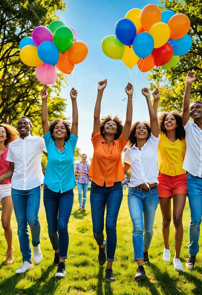 A vibrant and colorful scene depicting a diverse group of people joyfully celebrating together in a lively outdoor setting, showcasing interconnectedness through holding hands or linking arms. Include elements like balloons, music notes, and playful expressions to emphasize unity and happiness. The background should feature soft, flowing lines symbolizing harmony and togetherness. super-realistic. vibrant colors. outdoor festival atmosphere.